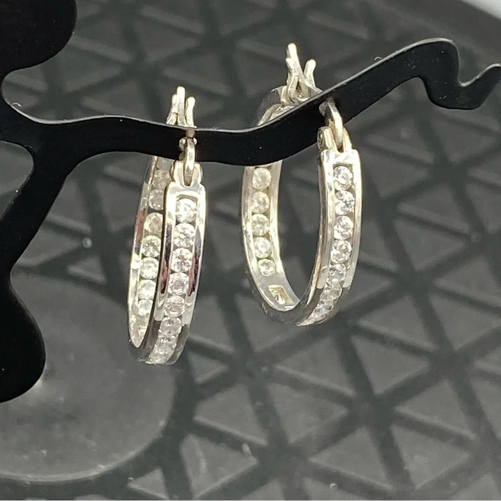 STERLING silver cubic zirconia pierced hoop earrings - Picture 6 of 7